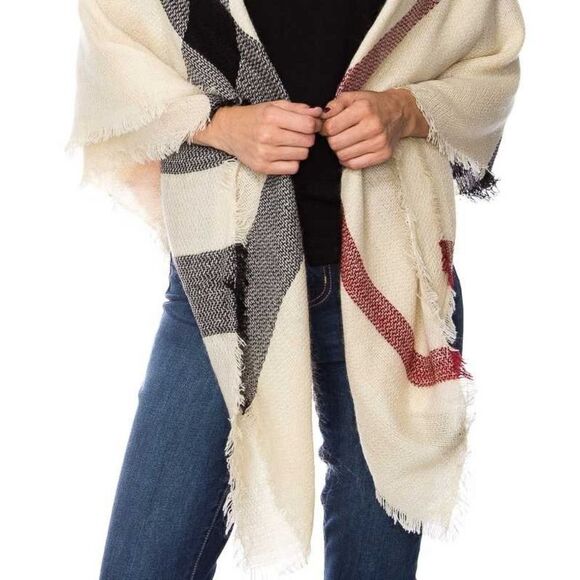 Cream Black Red Tartan Blanket Scarf / Wrap - Picture 3 of 3